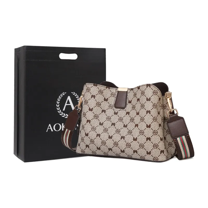 AOKANG PVC Bucket Bag, Shoulder Bag, Commute Bag, Single Shoulder Bag Medium Size Women's Coffee/Cream Apricot/Gray-0