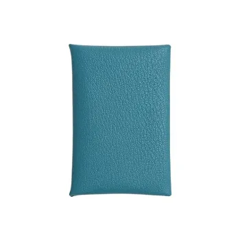 HERMES Calvi Mysore Goat Skin Wallet Coin Purse Card Holder Women's New Denim Blue With Black Accents