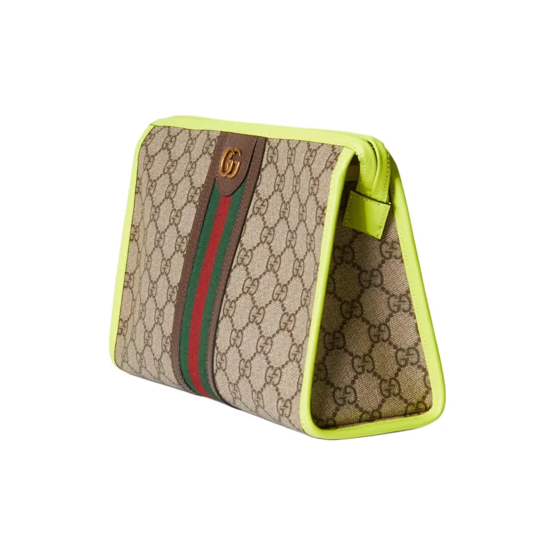 GUCCI Ophidia Canvas With Leather Binding Canvas Bag Handheld Makeup Bag Men's Beige & Ebony With Yellow Accents-1