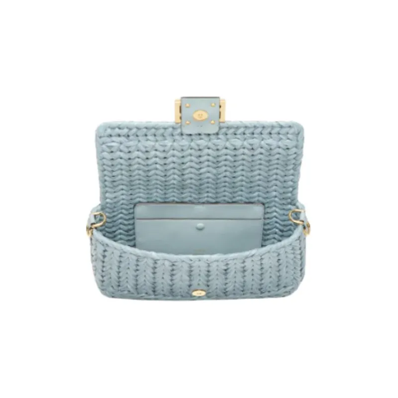 FENDI Baguette Leather Patchwork With Raffia One Shoulder Handbags Medium Size Women's Light Blue-3