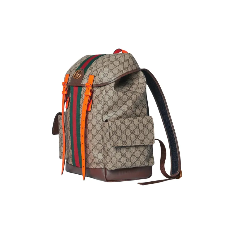 GUCCI Ophidia Canvas With Leather Backpack Medium Size Women's Beige & Ebony & Orange-1