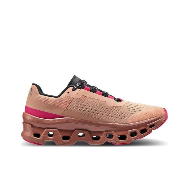 On Cloudmonster Rebound Slip Resistant Breathable Low Top Long Distance Running Shoes Women's Rose Pink Cork-1