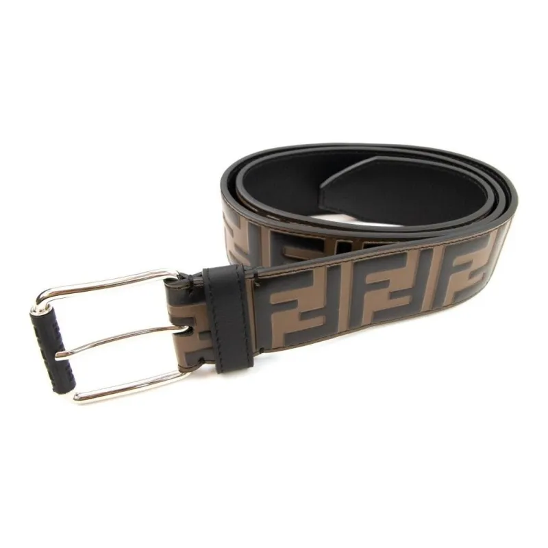 FENDI Emblem Pattern Smooth Buckle Leather Belts Men's Black-0