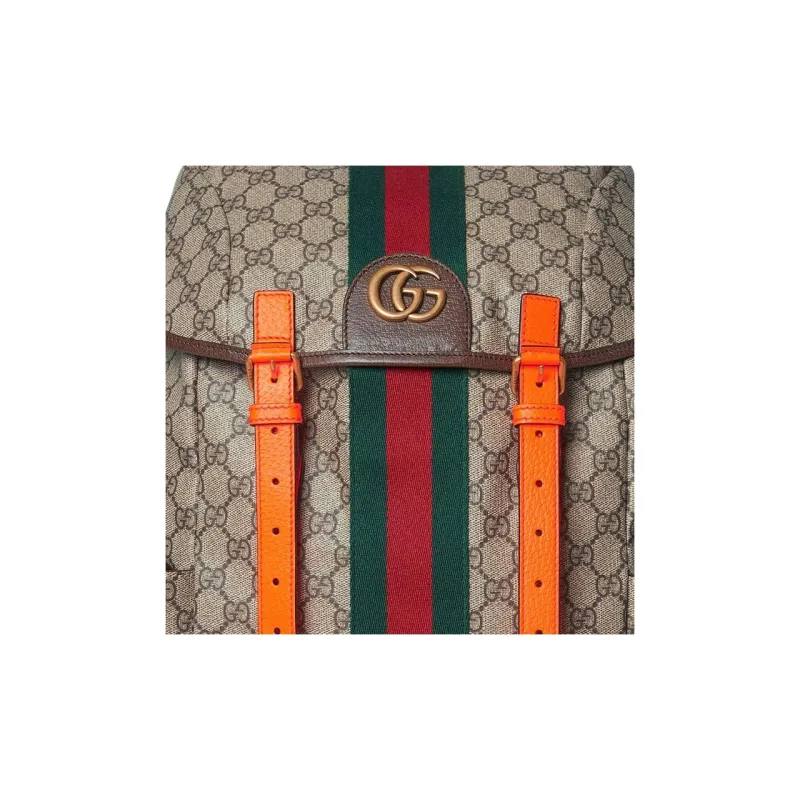 GUCCI Ophidia Canvas With Leather Backpack Medium Size Women's Beige & Ebony & Orange-7
