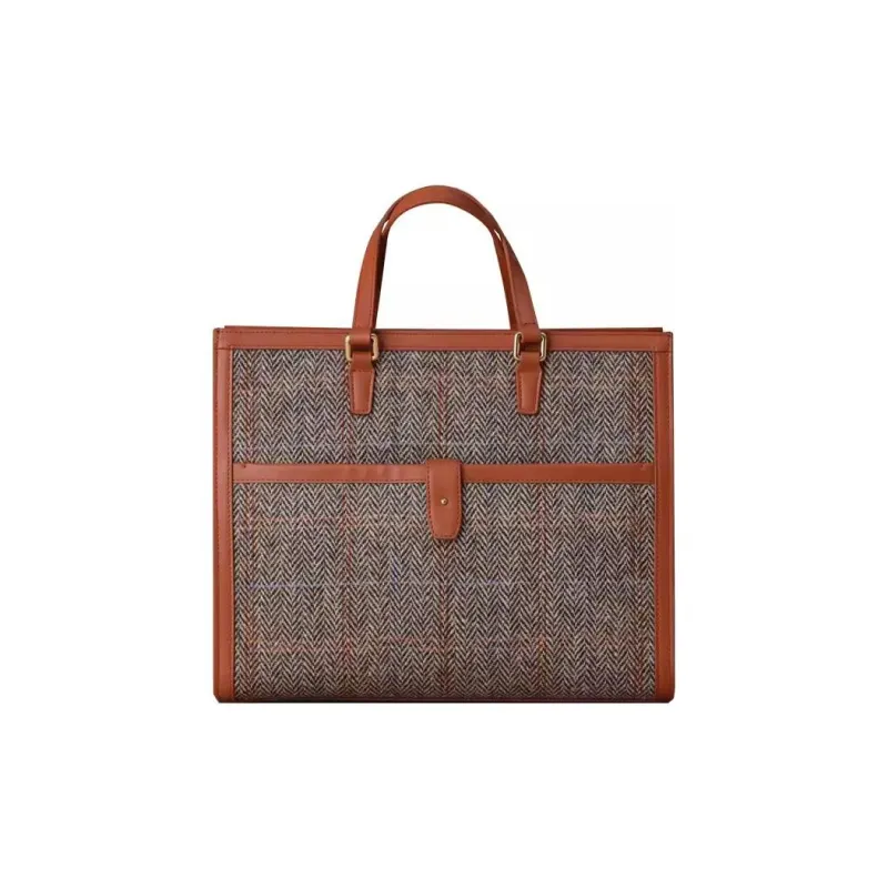 Julychagall Calfskin With Brocade Tote Bag Shopping Bag Shoulder Bag Handbag Large Size Unisex Brown-0