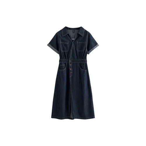 Initial language Short-Sleeved Dresses Women's Denim Dark Blue