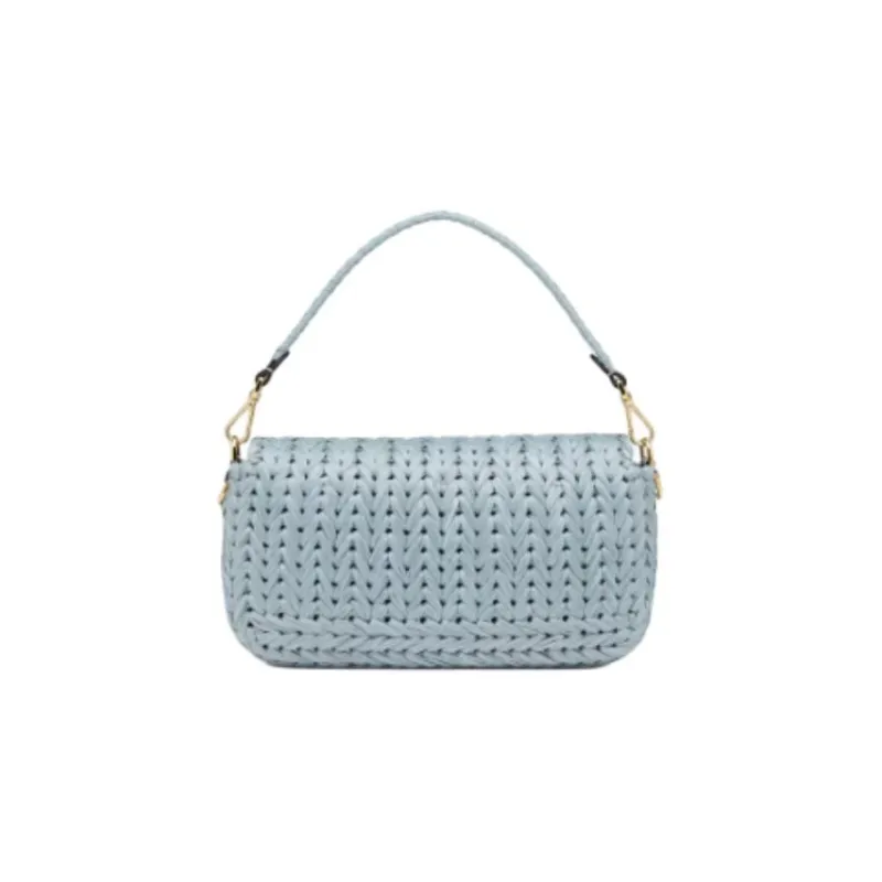 FENDI Baguette Leather Patchwork With Raffia One Shoulder Handbags Medium Size Women's Light Blue-2