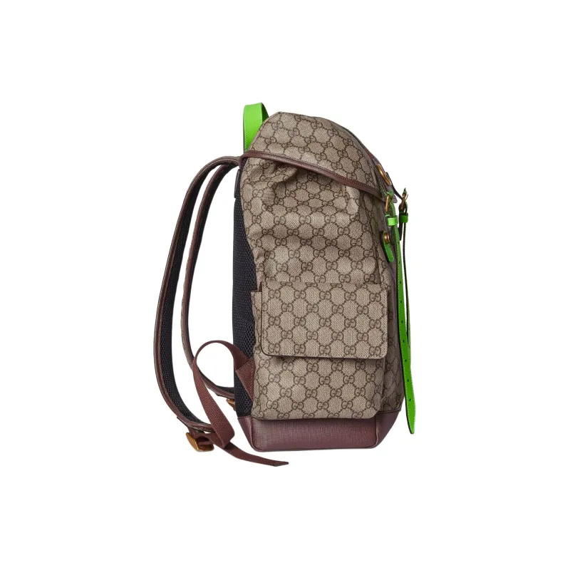 GUCCI Ophidia Canvas With Leather Binding Backpack Medium Size Women's Beige & Ebony & Green-2