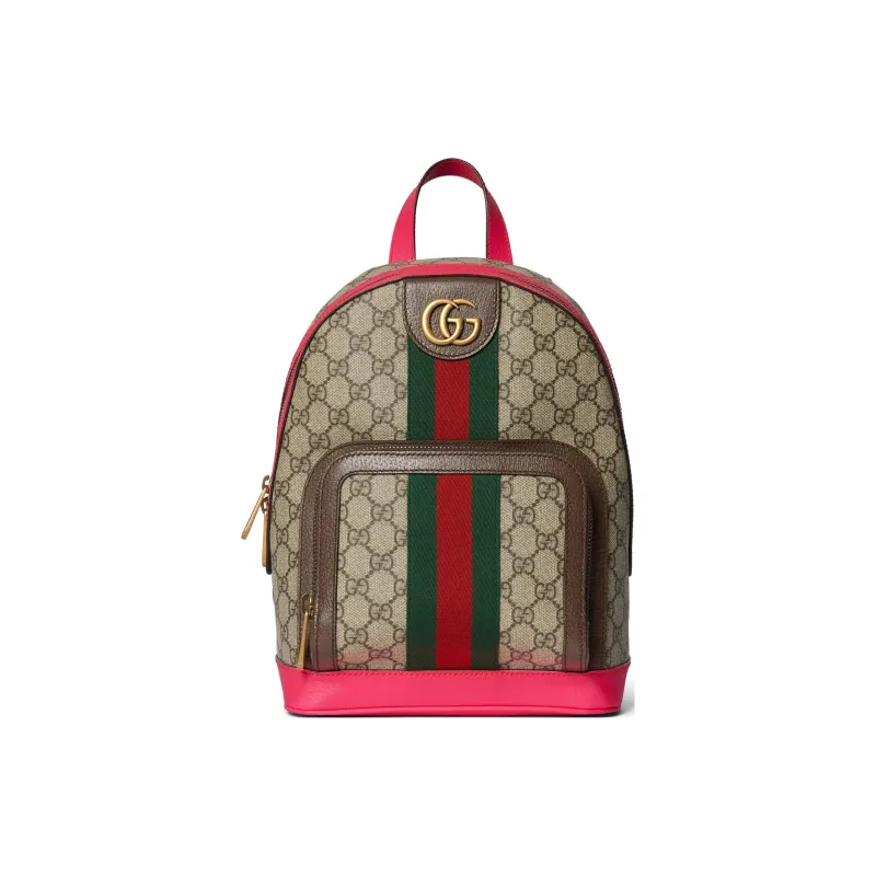 GUCCI Ophidia Canvas With Leather Binding Backpack Small Size Women's Beige & Ebony With Pink Accents-0