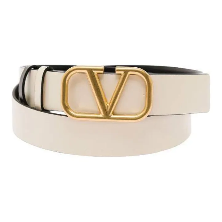 Valentino Logo Emblem Pin Buckle Leather Belts Women's Black/Beige Width 2.3cm-2