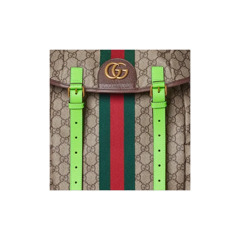 GUCCI Ophidia Canvas With Leather Binding Backpack Medium Size Women's Beige & Ebony & Green-7