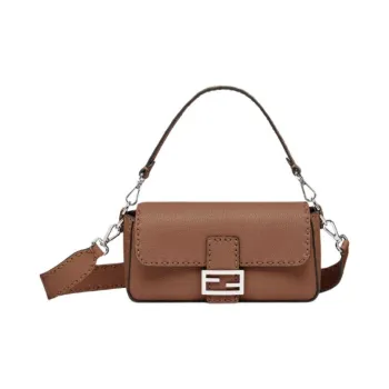 FENDI Leather Patchwork Grained Calfskin Handbags Crossbody Bags Medium Size Women's Brown