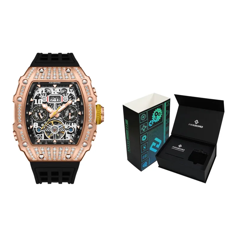 HANBORO Automatic Mechanical Movement Silicone Strap Watch Unisex Black Dial HBR900.2-8