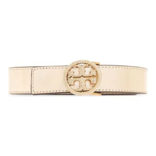 TORY BURCH Micro-Logo Decoration Smooth Buckle Leather Belts Women's Beige Width: 3CM