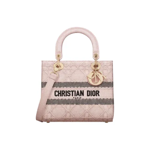 DIOR Lady D-Lite Raffia Handbag Medium Size Women's Pink