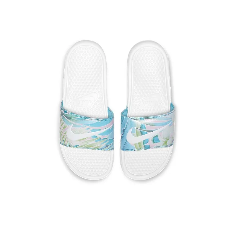 Nike Benassi Jdi Floral Flowers White Blue Slippers 'White Blue' Women's-2