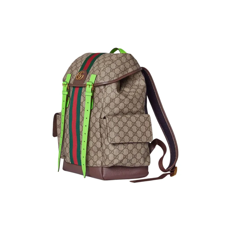 GUCCI Ophidia Canvas With Leather Binding Backpack Medium Size Women's Beige & Ebony & Green-1