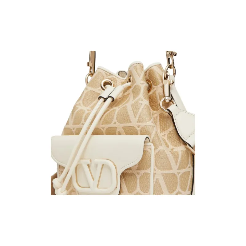 Valentino Locò Raffia Bucket Bag Handbag Shoulder Bag Crossbody Bag Women's Natural Composite Ivory White-6