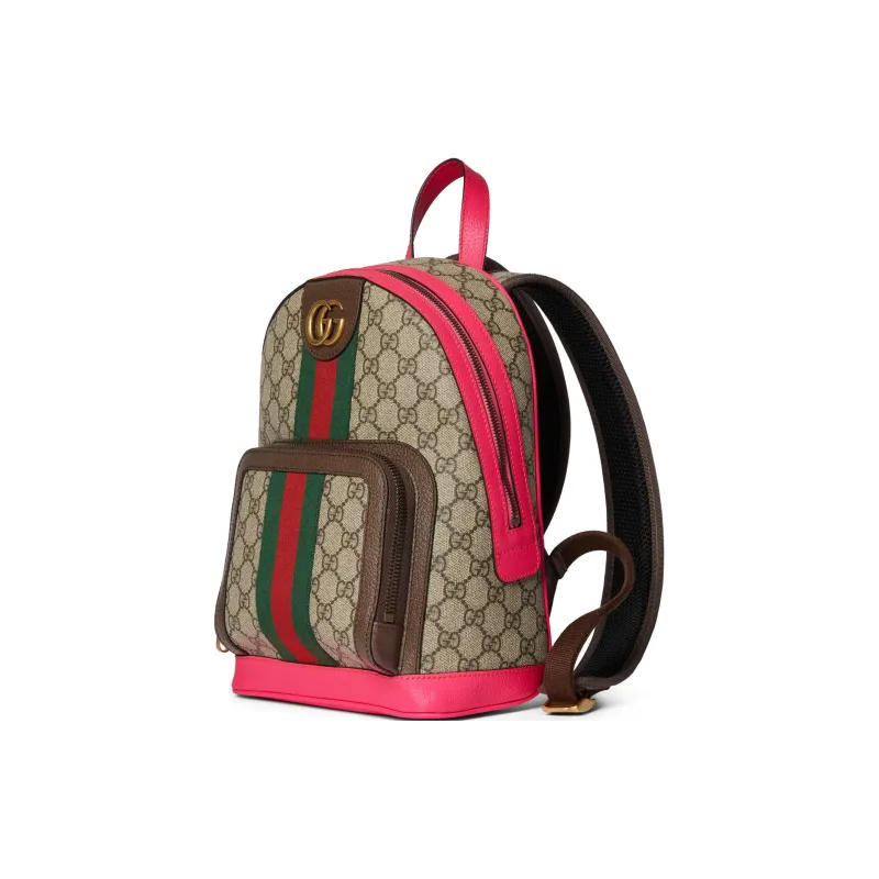 GUCCI Ophidia Canvas With Leather Binding Backpack Small Size Women's Beige & Ebony With Pink Accents-1