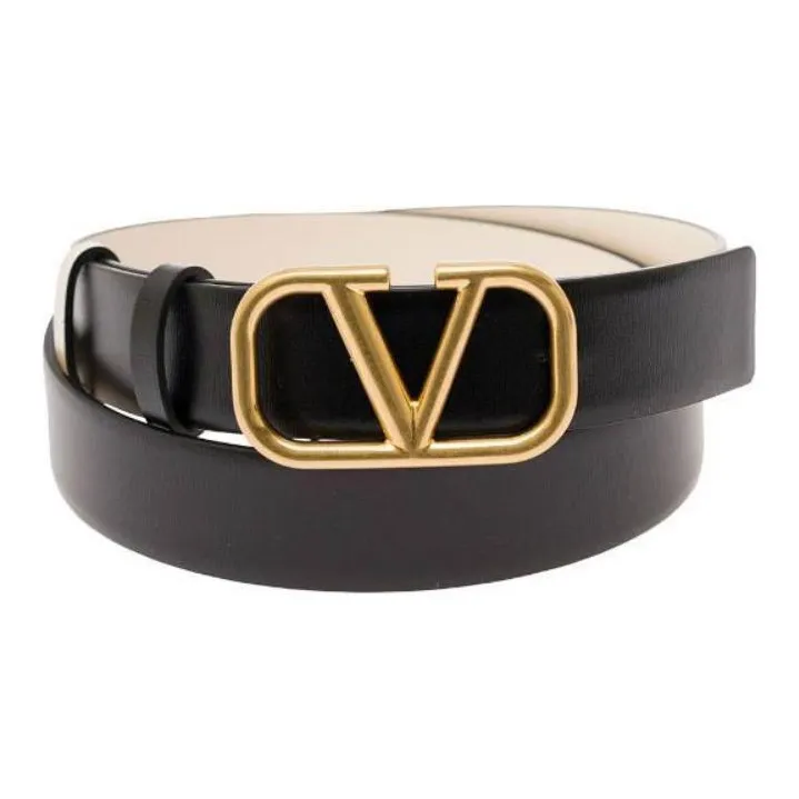 Valentino Logo Emblem Pin Buckle Leather Belts Women's Black/Beige Width 2.3cm-1
