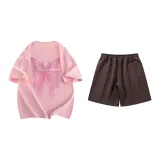 Set (Pink Short-Sleeved+Coffee Shorts)