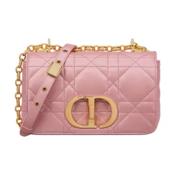 DIOR Caro Macrocannage Lambskin Shoulder Bag Women's Pink Pearlescent