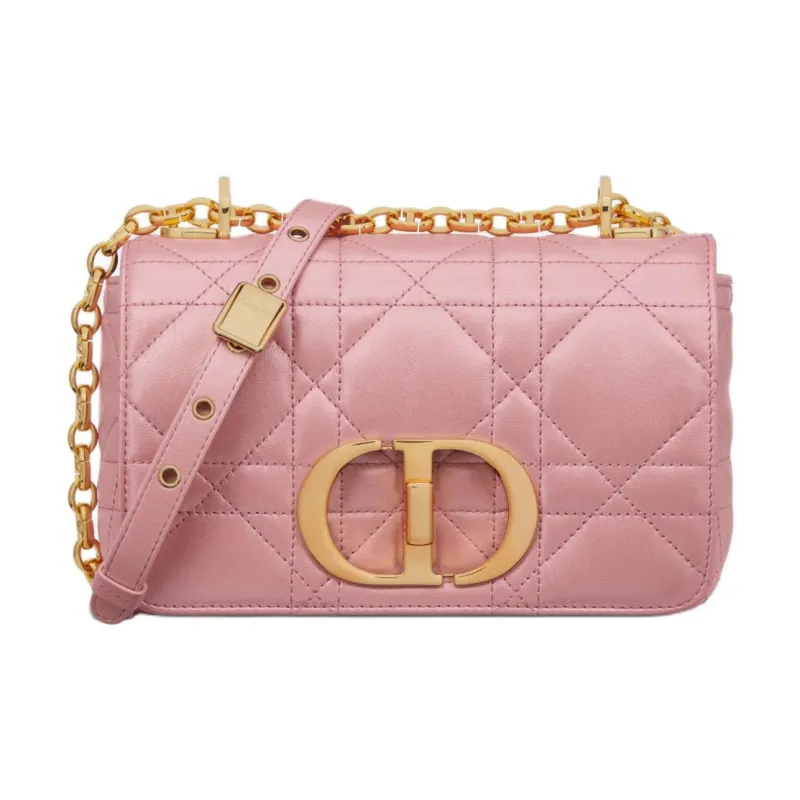 DIOR Caro Macrocannage Lambskin Shoulder Bag Women's Pink Pearlescent-0