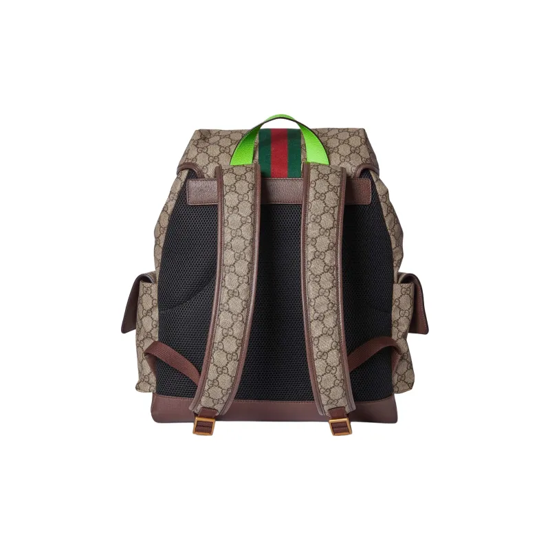 GUCCI Ophidia Canvas With Leather Binding Backpack Medium Size Women's Beige & Ebony & Green-3