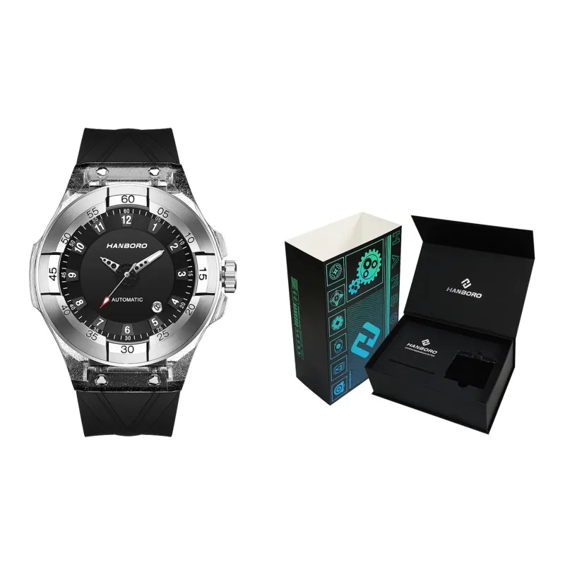 HANBORO Mechanical Movement Silicone Strap Watch Men's Watches Black Dial-1