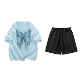 Set (Misty Blue Short-Sleeved+Black Shorts)