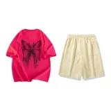 Set (Rose Red Short-Sleeved+Light Khaki Shorts)