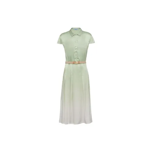 PRADA Printed Satin Crepe Dress Short-Sleeved Dresses Women's Light Green