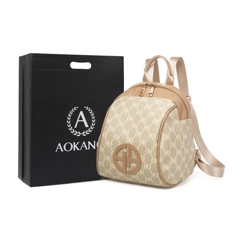 AOKANG PVC Portable Backpack Monogram Bag Commuter Bag Regular Women's Coffee/White-30