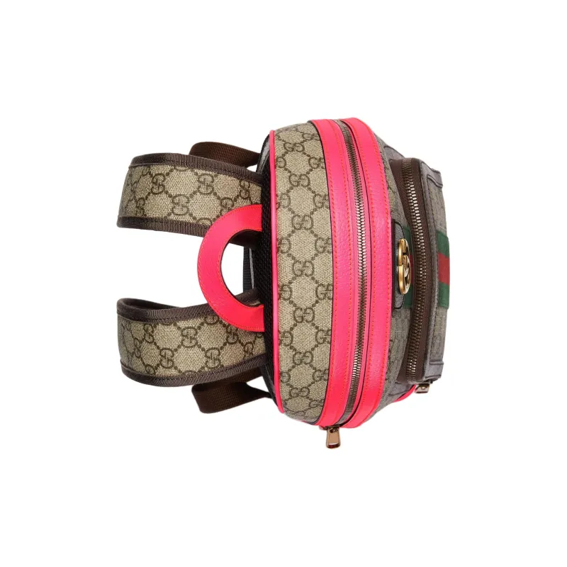 GUCCI Ophidia Canvas With Leather Binding Backpack Small Size Women's Beige & Ebony With Pink Accents-5
