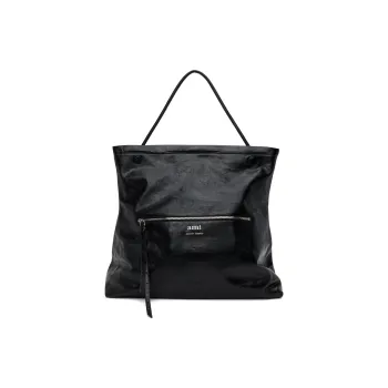 AMIPARIS Vegetable Tanned Grain Leather Fabric Tote Bag Shopping Bag Handbag Unisex Black