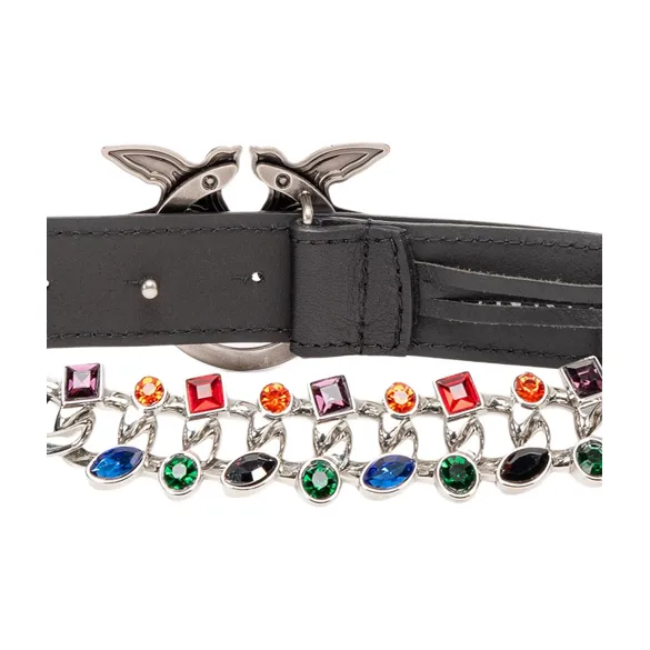 PINKO Patchwork Design Smooth Buckle Leather Belts Unisex Black Width: 3CM-2