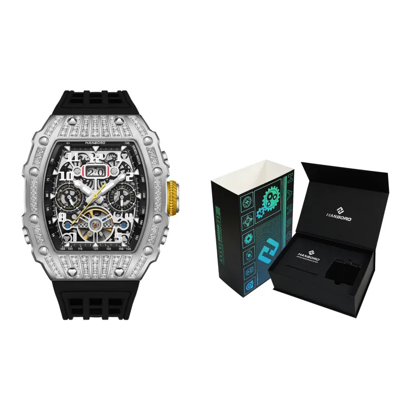 HANBORO Automatic Mechanical Movement Silicone Strap Watch Unisex Black Dial HBR900.2-1