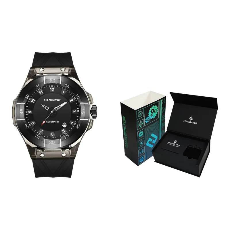 HANBORO Mechanical Movement Silicone Strap Watch Men's Watches Black Dial-7