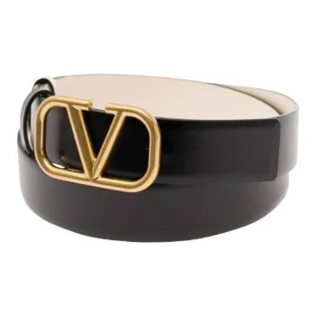 Valentino Logo Emblem Pin Buckle Leather Belts Women's Black/Beige Width 2.3cm