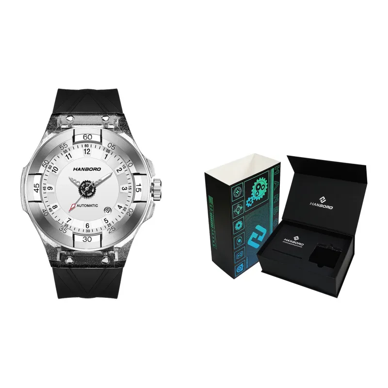 HANBORO Mechanical Movement Silicone Strap Watch Men's Watches Black Dial-5