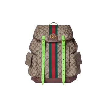 GUCCI Ophidia Canvas With Leather Binding Backpack Medium Size Women's Beige & Ebony With Green