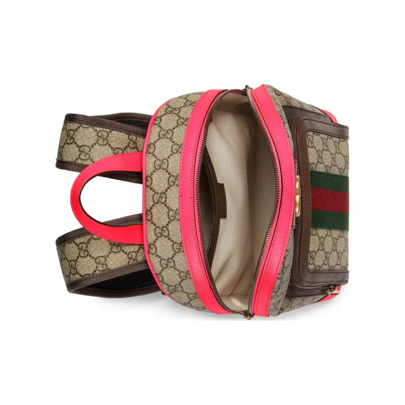 GUCCI Ophidia Canvas With Leather Binding Backpack Small Size Women's Beige & Ebony With Pink Accents-6