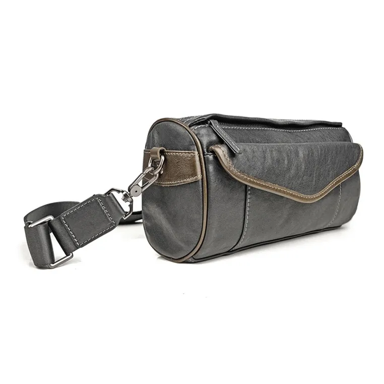 DOSRFINI Vegetable Tanned Top Grain Cow Leather Shoulder Bag Crossbody Bag Men's Black-3