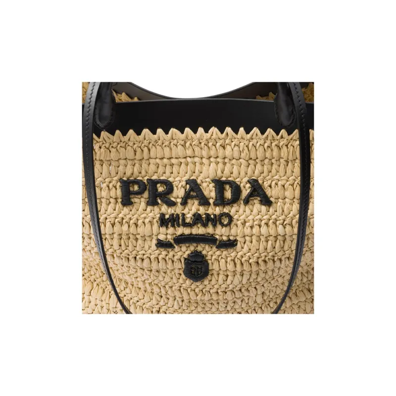 PRADA Raffia Handbag Medium Size Women's Tan & Black-3