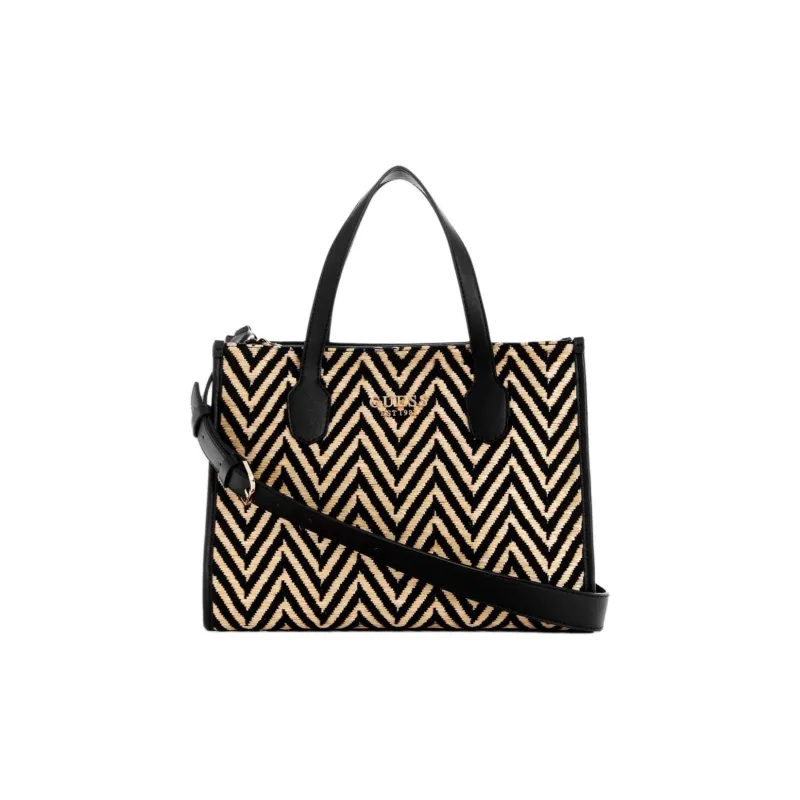 GUESS Raffia With Artificial Leather Trim Tote Bag Shopping Bag Shoulder Bag Crossbody Bag Handbag Women's Black-0