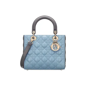 DIOR Lady Dior Sheepskin Shoulder Bag Crossbody Bag Handbag Small Size Women's Sky Blue With Steel Gray Accents