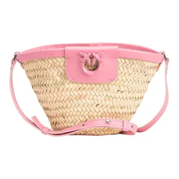PINKO Raffia With Calfskin Bucket Bags Crossbody Bag, Shoulder Bag Regular Women's Pink & Natural