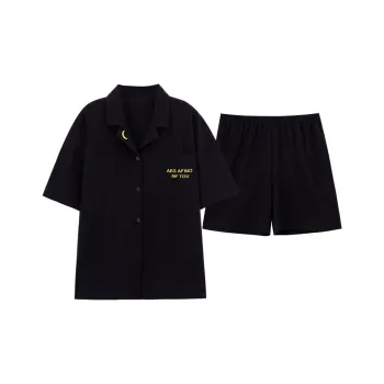 Sleep Students Dormitory Home Sleepwear Summer Pajama Set Unisex Black