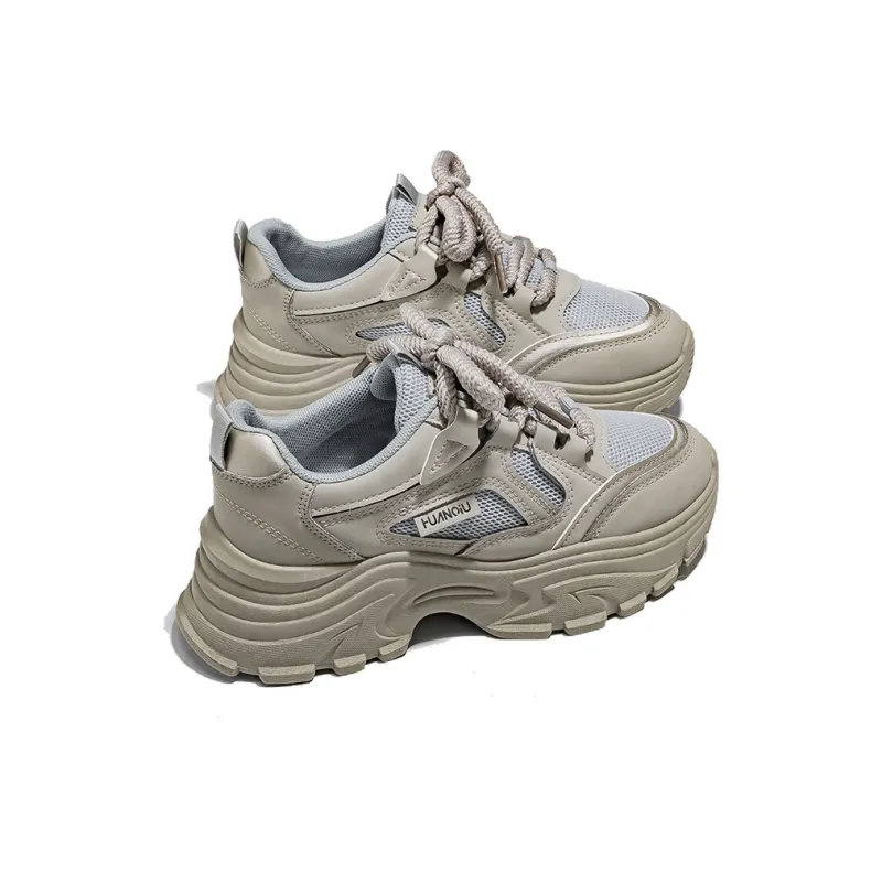 HUANQIU Wear Resistant Lightweight Height Increasing Low Top Chunky Sneakers Women's Gray-3