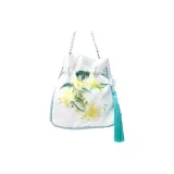 Full Set Pearl Chain, Suzhou Embroidery, Light Cyan Silk Satin (Plumeria)